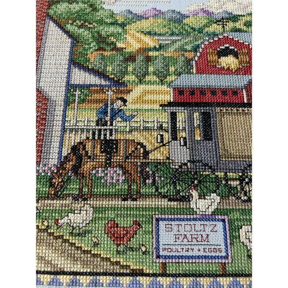 Stoltz Farm Needlepoint Amish Chickens Poultry Eggs Buggy Rooster House 1987 25” - Picture 6 of 7